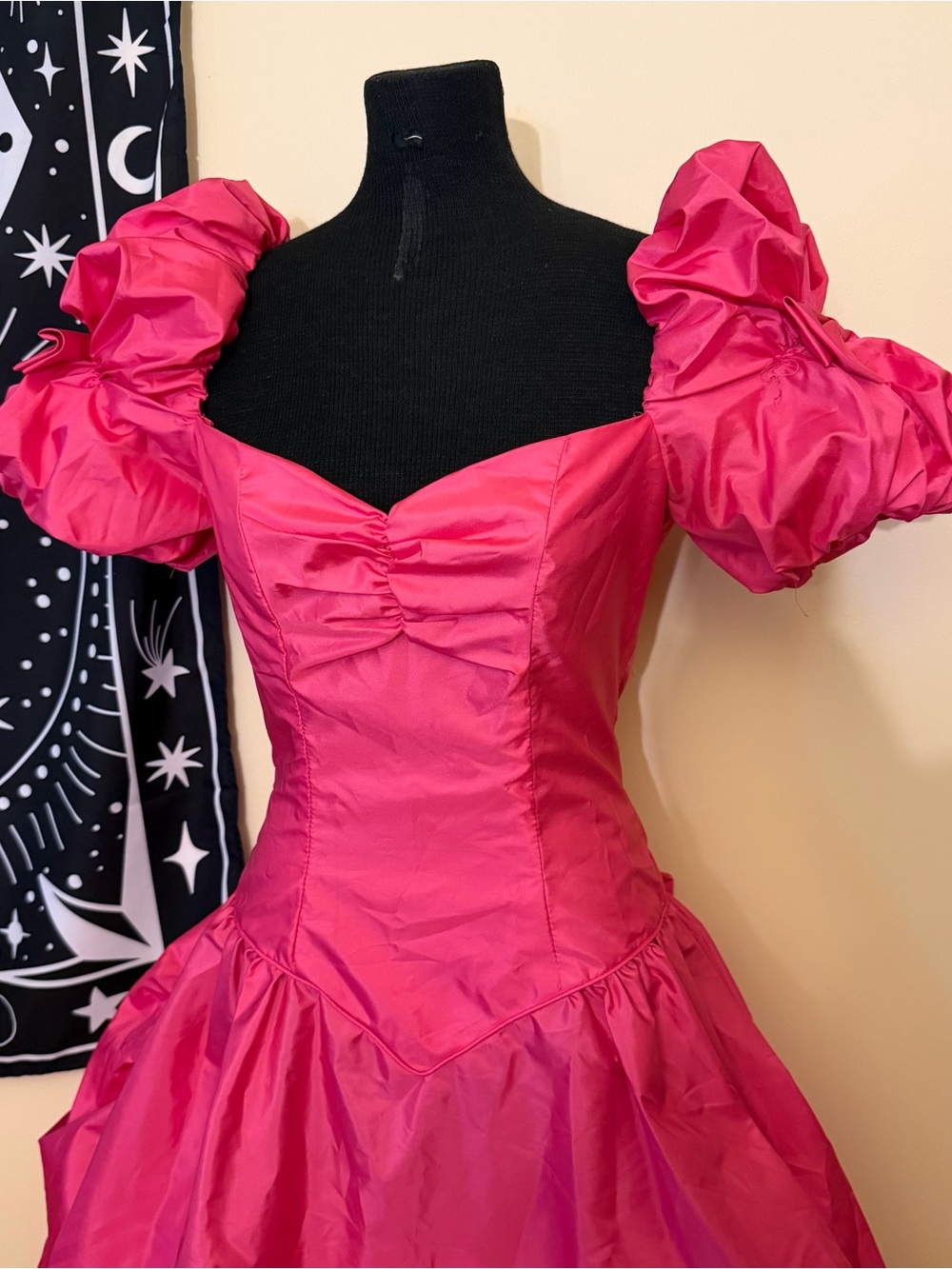 Vintage 80s S Pink Puff Bow Accent Drop Waist Prom Gown Party Dress Sweetheart
